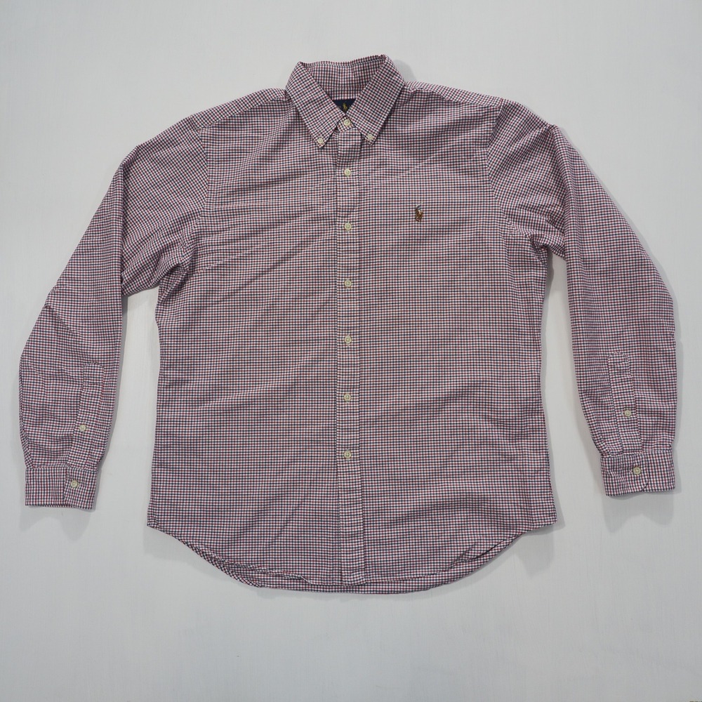 Ralph Lauren Shirt Mens Large Red White Blue Check Cotton Long Sleeve Button